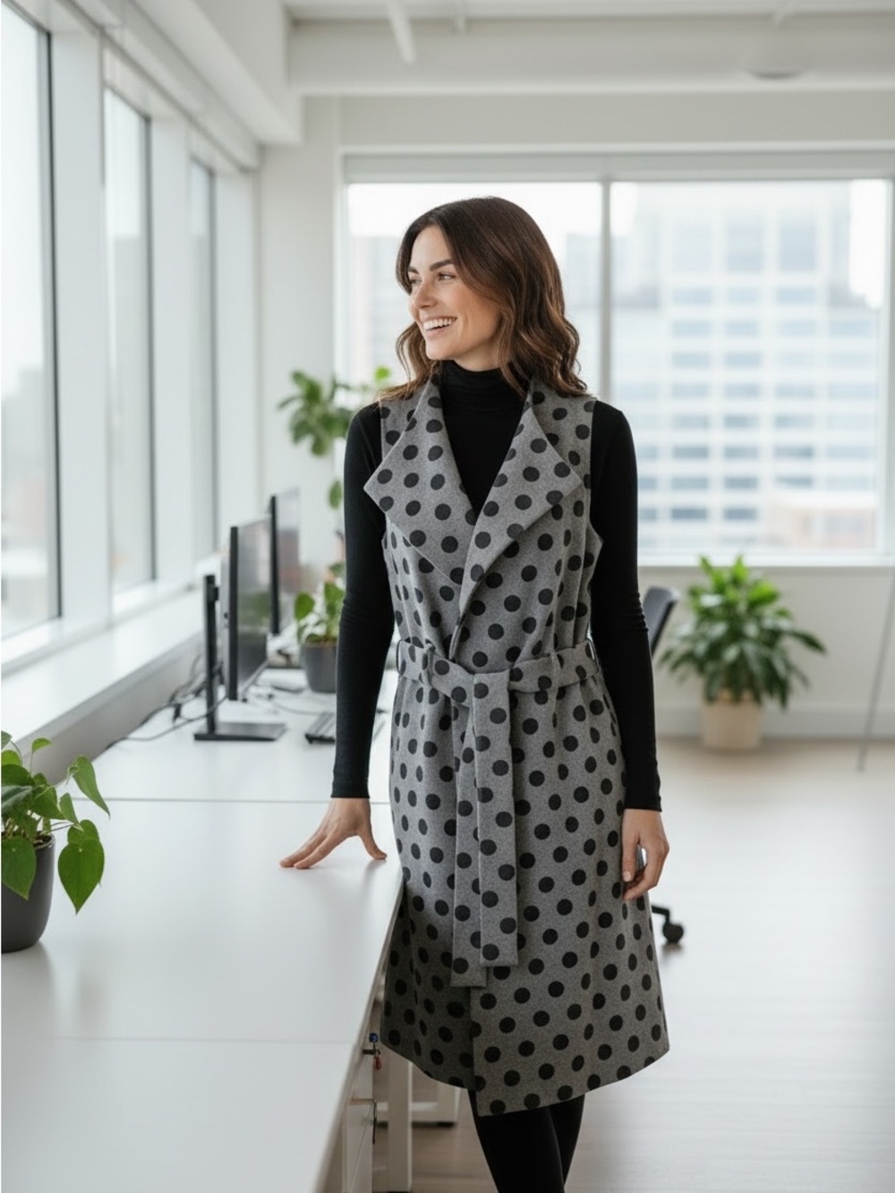 Polka Dot Sleeveless Long Vest in Gray with Belt